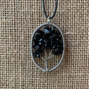 Black Obsidian Tree of Life Wire Wrapped Pendant Necklace Adjustable Cord Chain